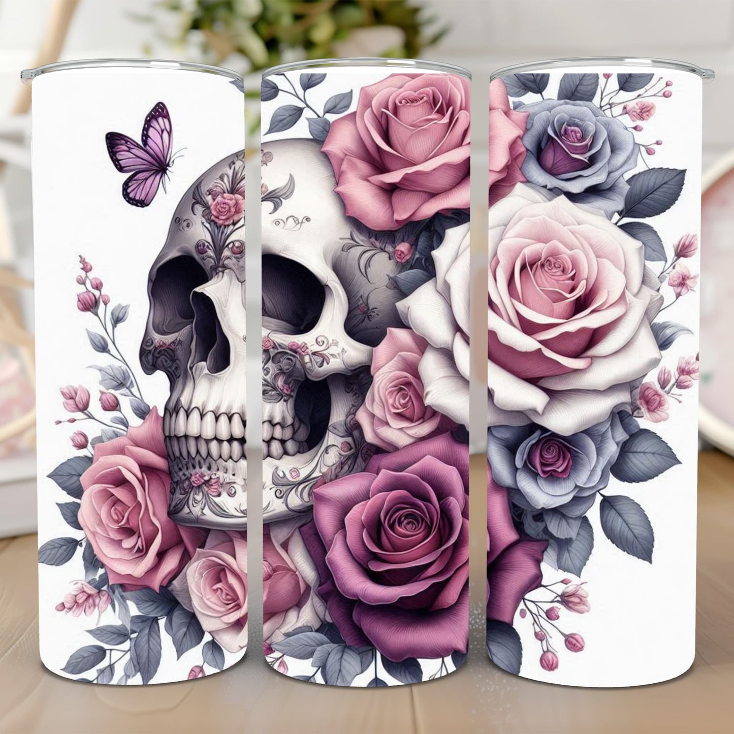 Thermobecher 590ml 2Deckel "Skull Blumen"