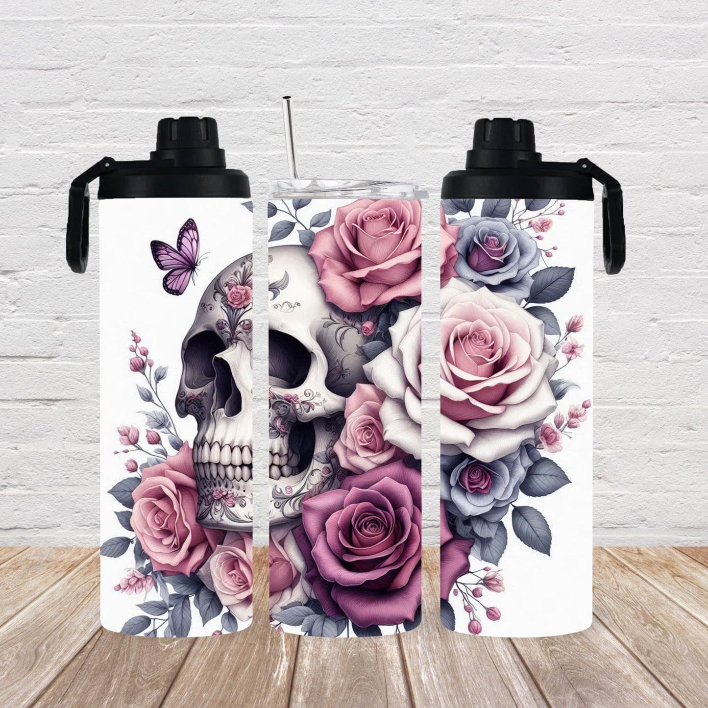 Thermobecher 590ml 2Deckel "Skull Blumen"