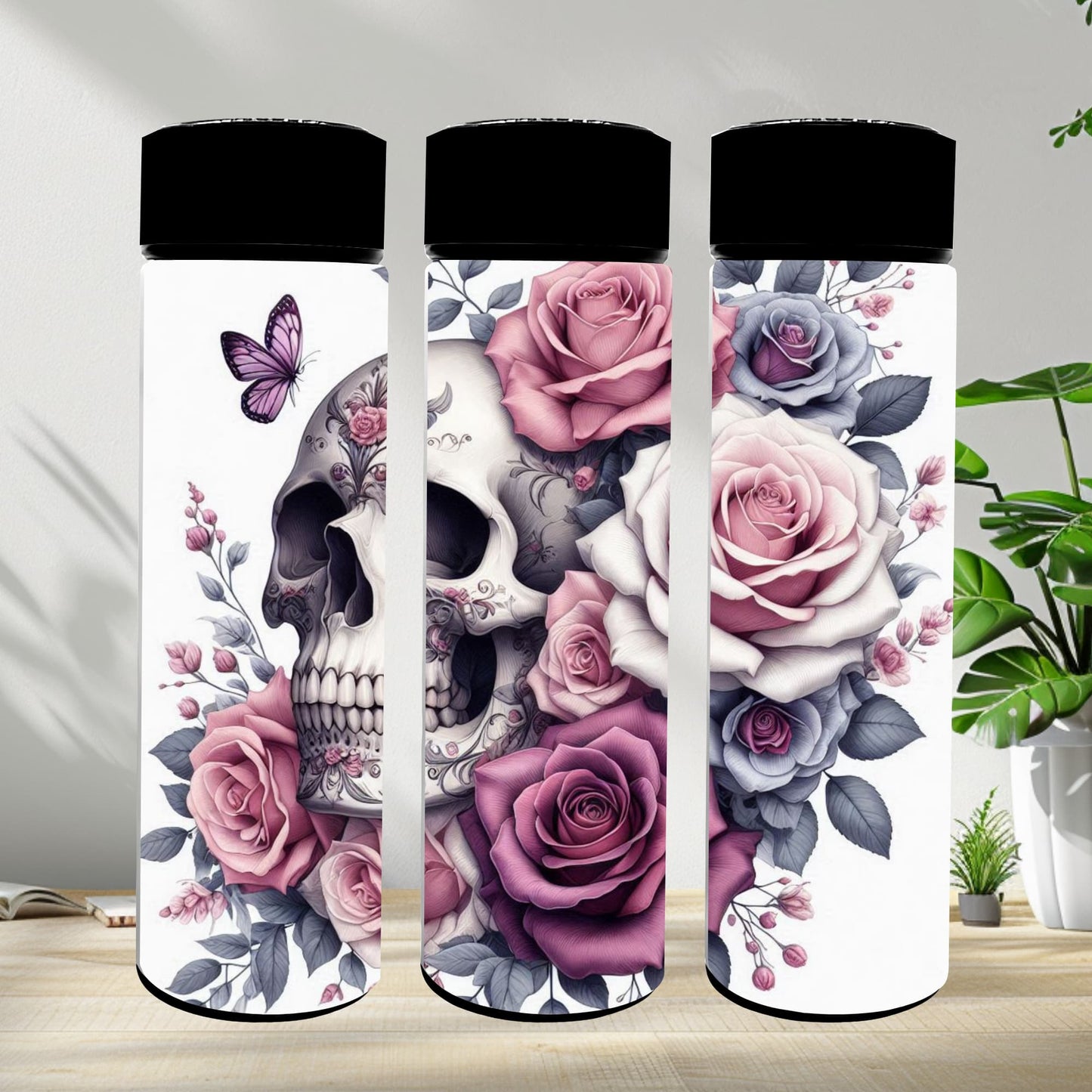 Thermobecher 590ml 2Deckel "Skull Blumen"